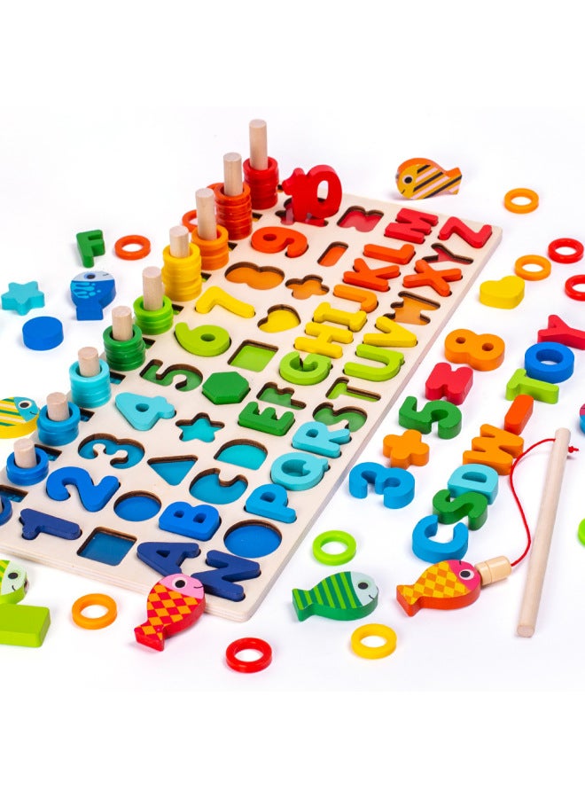 Six-in-one Magnetic Fishing Logarithmic Board P.65 Wooden Children Alphanumeric Shape Matching Math Early Education Toys-Color:Six-in-one Logarithmic Board -018 - Image 2
