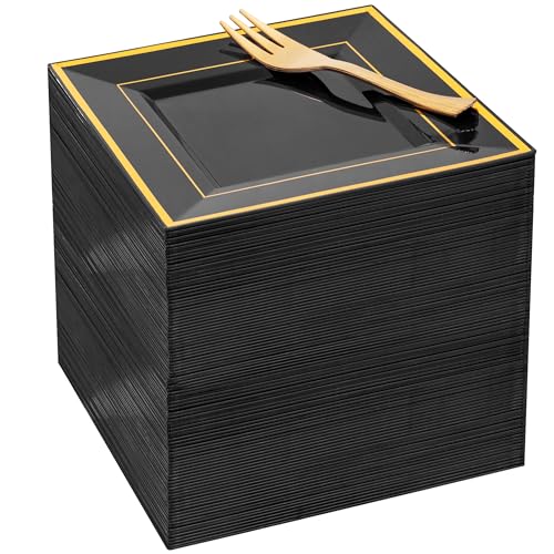 WDF 200PCS Black and Gold Plastic Dessert Plates with Plastic Forks 6 100 Square Disposable Appetizer Plates Small Plate Cake Plate with Gold Rim for New Year - Image 2