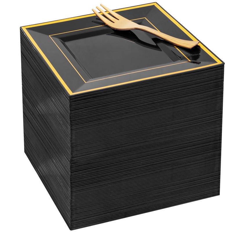 WDF 200PCS Black and Gold Plastic Dessert Plates with Plastic Forks 6 100 Square Disposable Appetizer Plates Small Plate Cake Plate with Gold Rim for New Year - Image 3