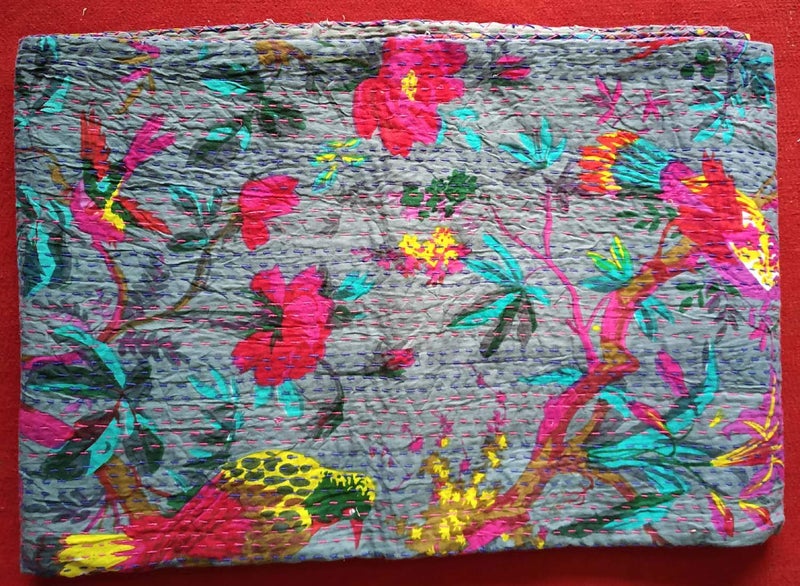 Textile export creations إبداعات تصدير الأقمشة إبداعات تقليدية عرقية قنطة هندية مفروشات فردية زمردية من القطن استوائي فواكه مخيطة يدويًا غطاء سرير بواسطة إبداعات تصدير الأقمشة 90x60 بوصة - Image 2