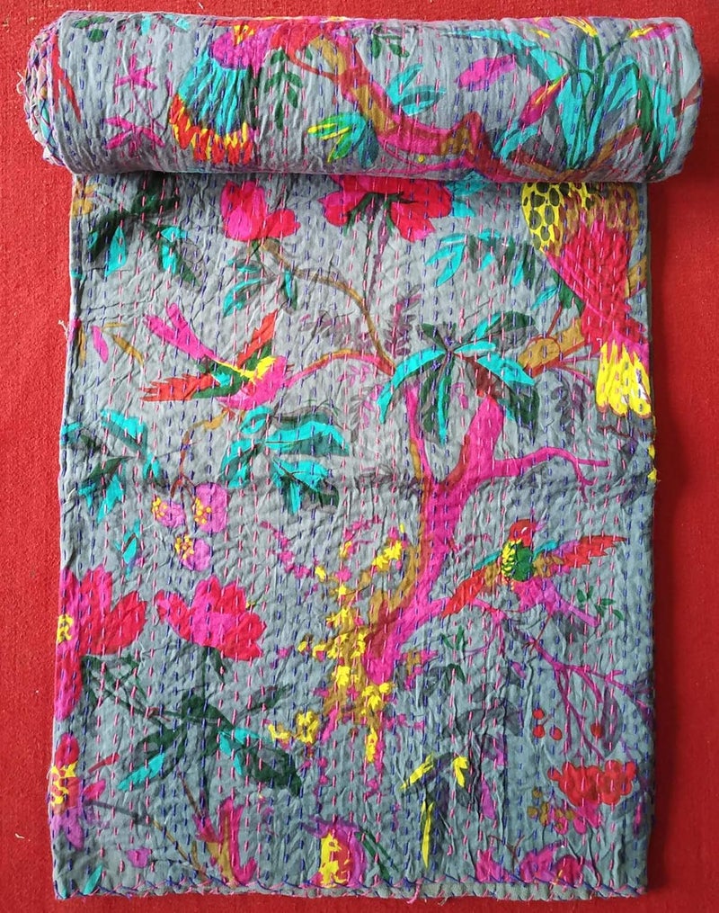 Textile export creations إبداعات تصدير الأقمشة إبداعات تقليدية عرقية قنطة هندية مفروشات فردية زمردية من القطن استوائي فواكه مخيطة يدويًا غطاء سرير بواسطة إبداعات تصدير الأقمشة 90x60 بوصة - Image 1