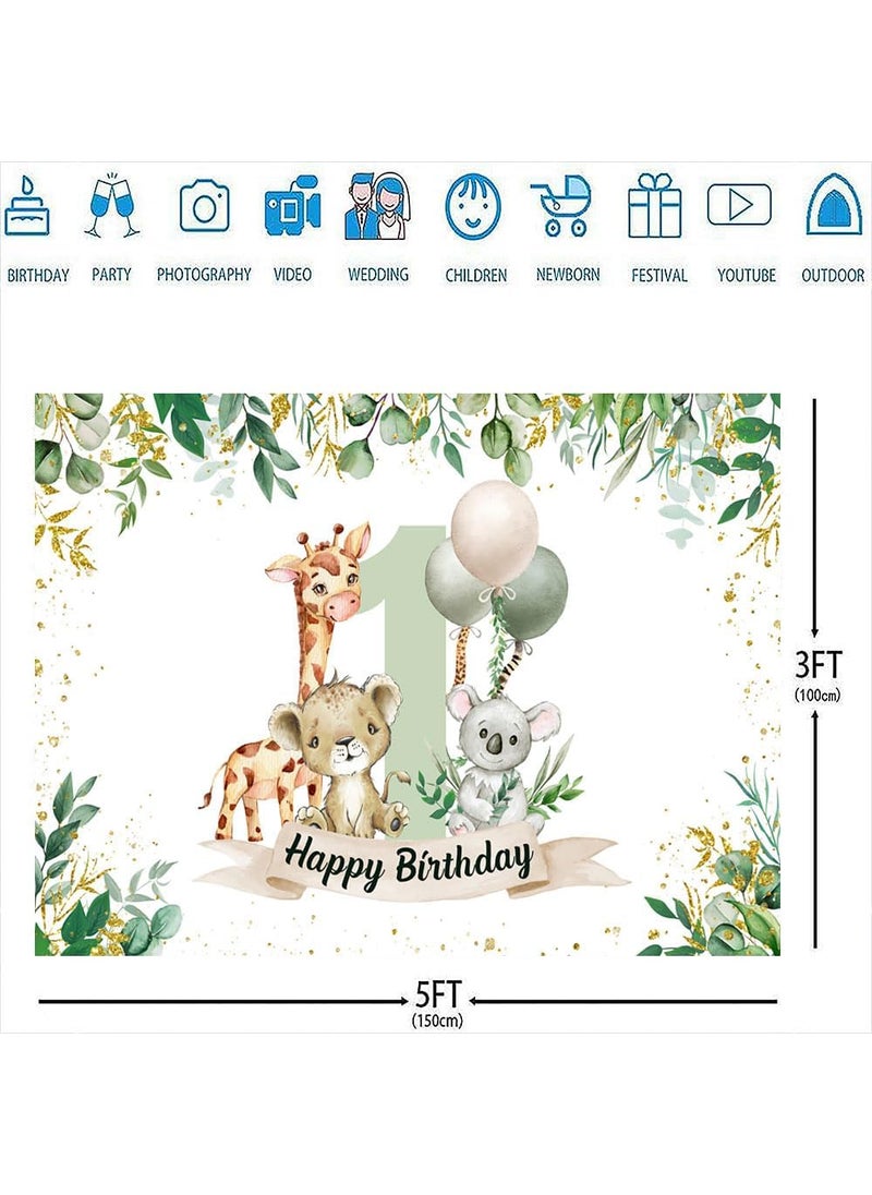 Ticuenicoa Ticuenicoa Safari 1st Birthday Backdrop for Boy 5x3ft Green Jungle Animal First Birthday Party Photography Background Giraffe Lion Koala Cake Table Party Decoration Banner Photo Booth Props  - Image 3
