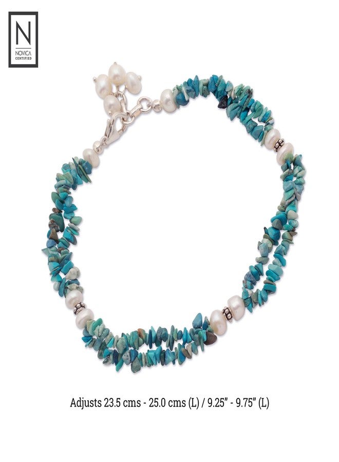 NOVICA Artisan Handmade Cultured Pearl Calcite Beaded Strand Anklet from India Sterling Silver Freshwater Birthstone [9.25 in min L x 9.75 in max L x 0.4 in W] ' Nautical Song' - Image 5