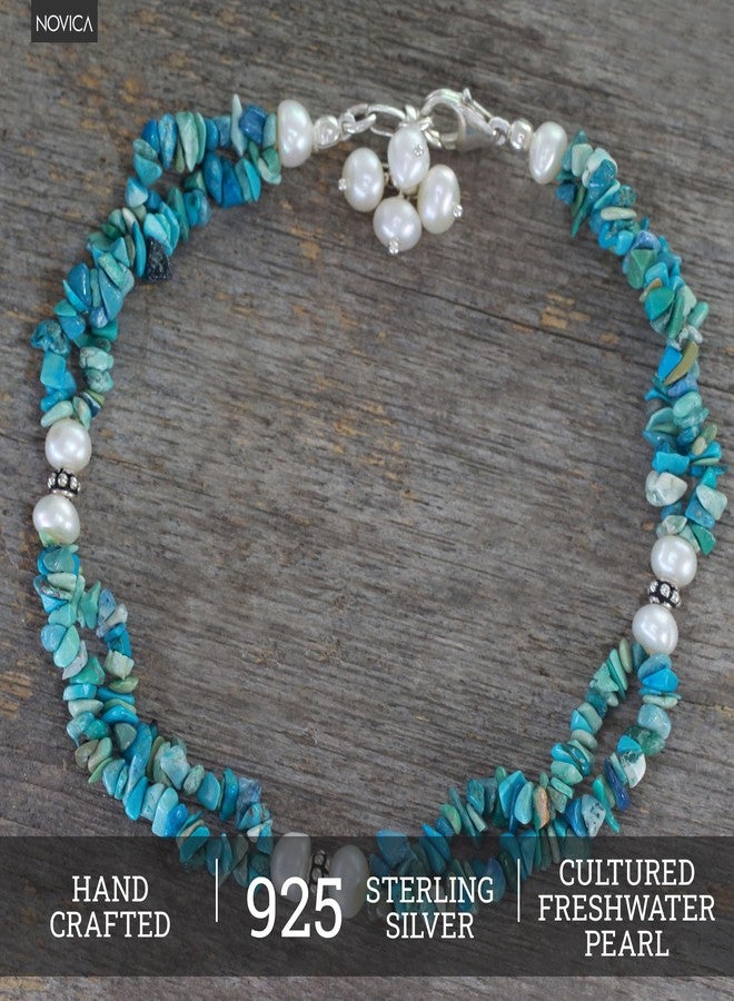 NOVICA Artisan Handmade Cultured Pearl Calcite Beaded Strand Anklet from India Sterling Silver Freshwater Birthstone [9.25 in min L x 9.75 in max L x 0.4 in W] ' Nautical Song' - Image 4