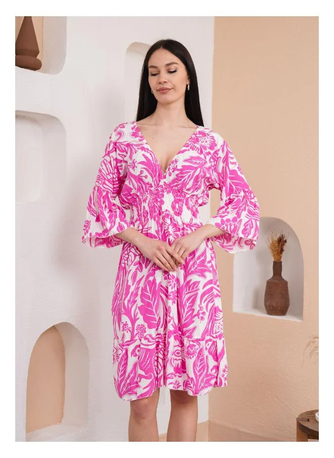 Hoxton Gal Floral Print V-Neck Mini Dress with 3/4 Sleeves in Pink