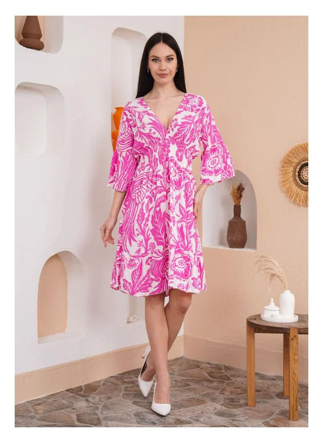 Hoxton Gal Floral Print V-Neck Mini Dress with 3/4 Sleeves in Pink