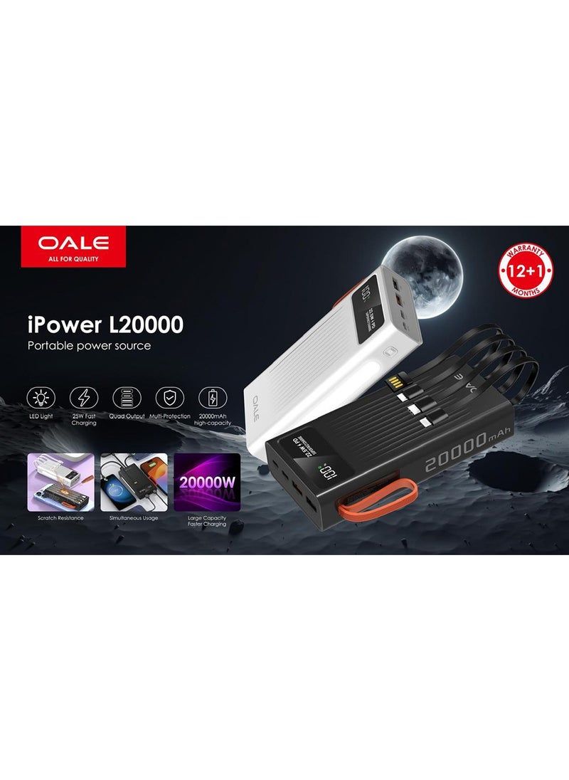 OALE - ipower L20000 Power Bank with 4 Built-in Cables, 20000mAh Lithium Polymer Battery with LED Power Indicator and Built-in Smart Overcharge Prevention System, 22.5W Fast Charging - Image 1