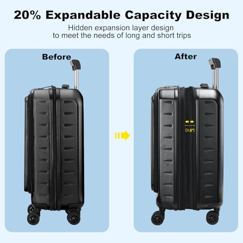 CENSIEN Expandable Carry On Luggage Airline Approved, 20 Inch Lightweight ABS+PC Hard Shell Suitcases with Front Pocket, Spinner Wheels, TSA Lock (Black, 1PC) - Image 2