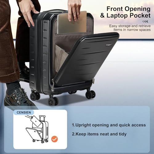 CENSIEN Expandable Carry On Luggage Airline Approved, 20 Inch Lightweight ABS+PC Hard Shell Suitcases with Front Pocket, Spinner Wheels, TSA Lock (Black, 1PC) - Image 3