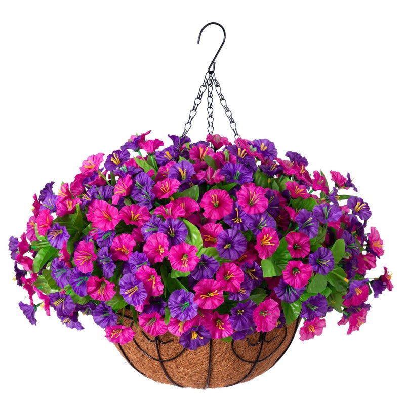 Ammyoo Artificial Fake Hanging Flowers with Basket, Faux Silk Morning Glory Flower Arrangement for Spring Summer Decor, Hanging Plant for Patio Garden Porch Outdoor Decor - Image 1