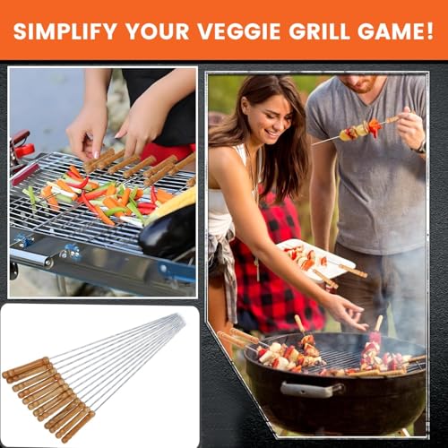 Harions 12 Inch Portable Stainless Steel Barbeque Skewers Set, Reusable BBQ Sticks with Wooden Handle, Metal Grilling Skewers for Outdoor Tandoor and Grill Cooking (12Pcs) - Image 5