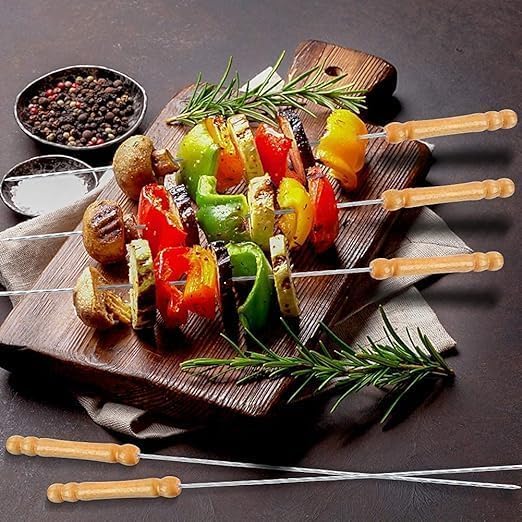 Harions 12 Inch Portable Stainless Steel Barbeque Skewers Set, Reusable BBQ Sticks with Wooden Handle, Metal Grilling Skewers for Outdoor Tandoor and Grill Cooking (12Pcs) - Image 3