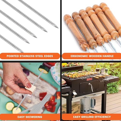 Harions 12 Inch Portable Stainless Steel Barbeque Skewers Set, Reusable BBQ Sticks with Wooden Handle, Metal Grilling Skewers for Outdoor Tandoor and Grill Cooking (12Pcs) - Image 2