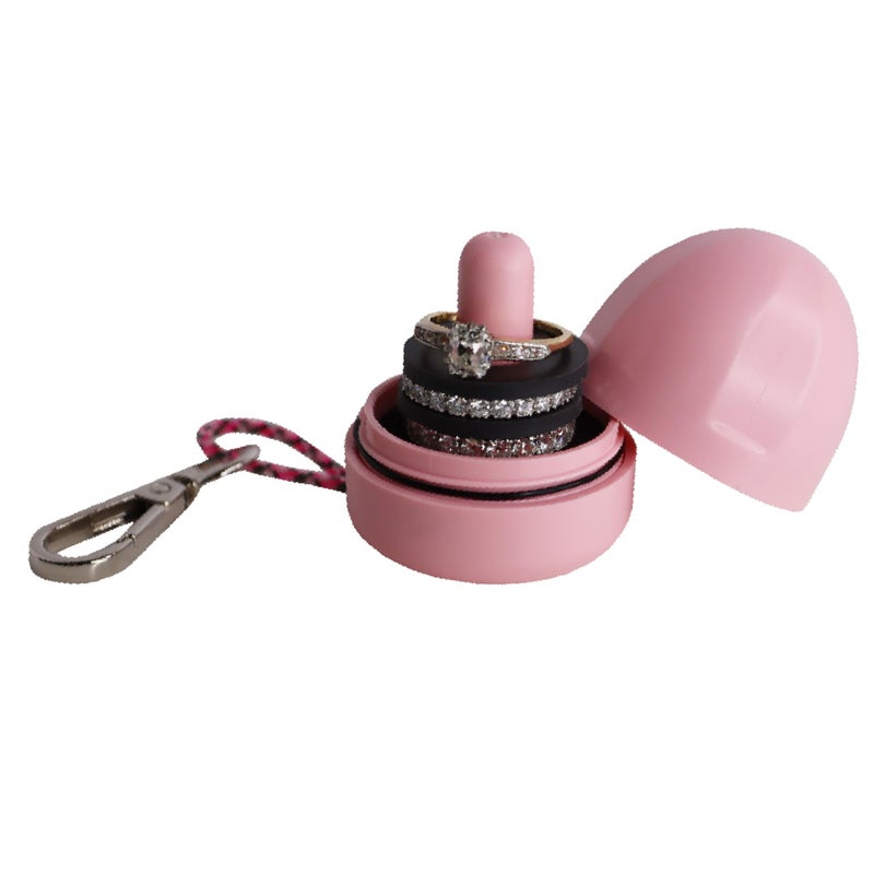 Ring Holder Keychain Jewelry Organizer and Storage Portable Waterproof Jewelry Holder Pill Box Keychain Container Gym Accessory and Travel Ring Case Desert Pink