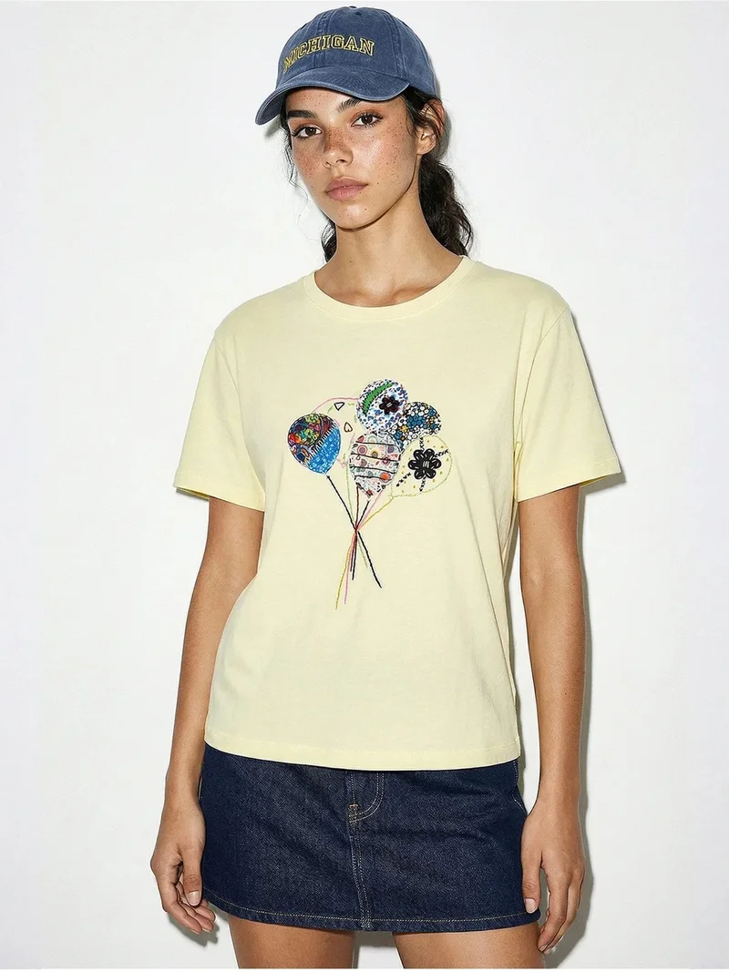 بيانكو لوتشي LUCCI Embroidered Printed Crew Neck T-Shirt