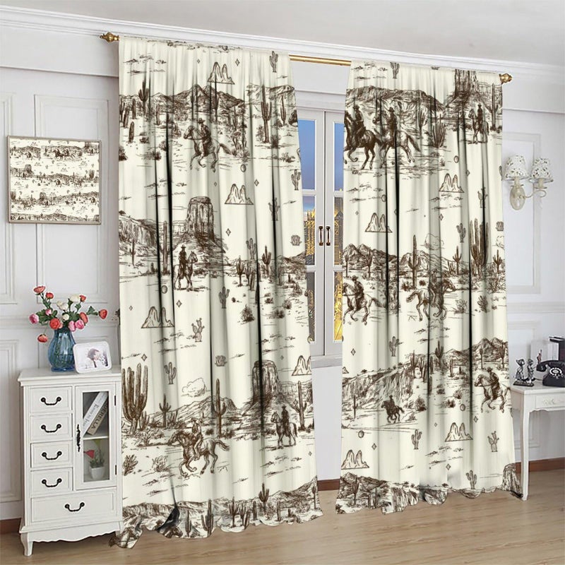 FBMLBRB Vintage American Wilderness Western Cowboy Rod Pocket Curtains for Bedroom - Sketch Style Western Cowboy Cacti Window Treatment,Energy Saving Blackout Curtains 2 Panels 45" L x 21" W - Image 4