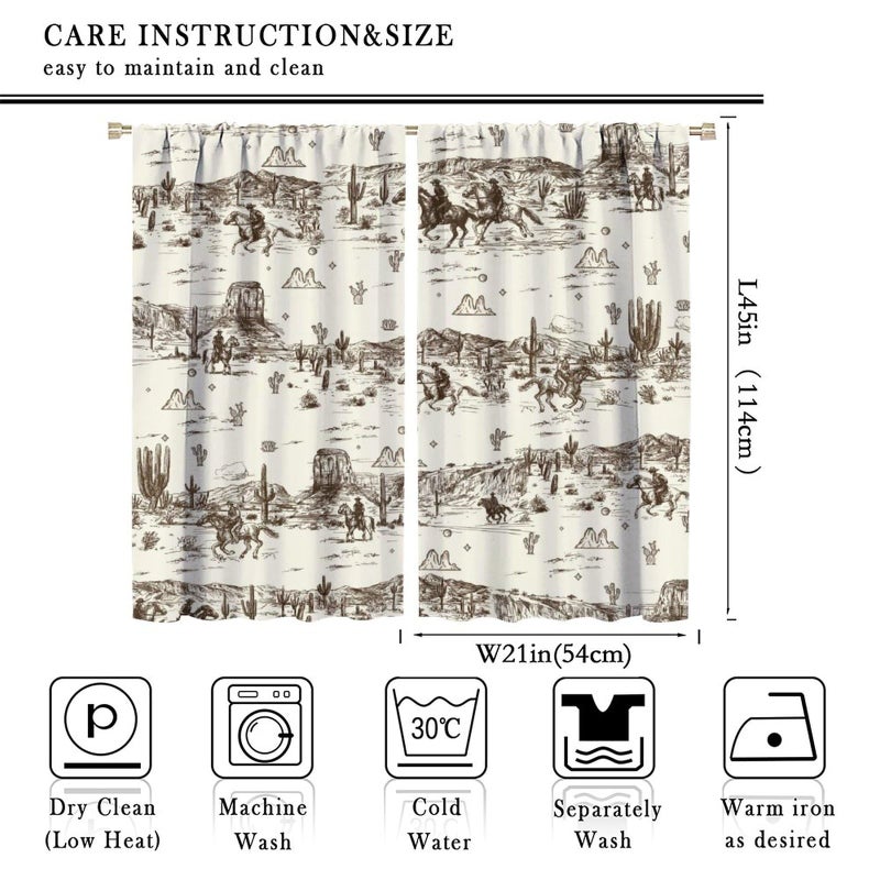 FBMLBRB Vintage American Wilderness Western Cowboy Rod Pocket Curtains for Bedroom - Sketch Style Western Cowboy Cacti Window Treatment,Energy Saving Blackout Curtains 2 Panels 45" L x 21" W - Image 2