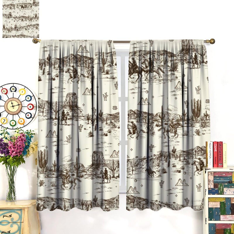 FBMLBRB Vintage American Wilderness Western Cowboy Rod Pocket Curtains for Bedroom - Sketch Style Western Cowboy Cacti Window Treatment,Energy Saving Blackout Curtains 2 Panels 45" L x 21" W - Image 3