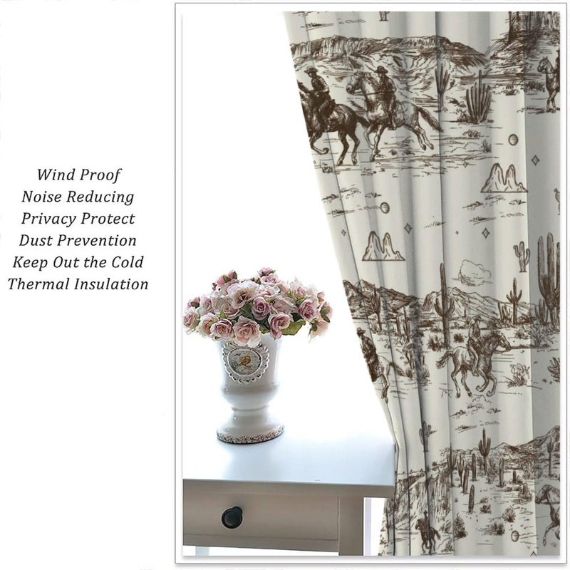 FBMLBRB Vintage American Wilderness Western Cowboy Rod Pocket Curtains for Bedroom - Sketch Style Western Cowboy Cacti Window Treatment,Energy Saving Blackout Curtains 2 Panels 45" L x 21" W - Image 5