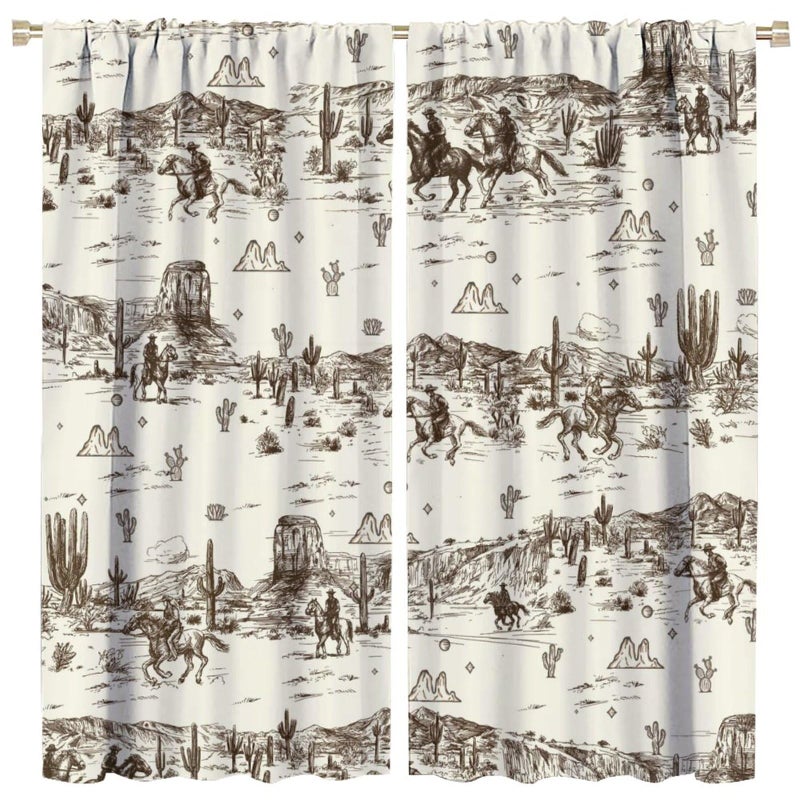 FBMLBRB Vintage American Wilderness Western Cowboy Rod Pocket Curtains for Bedroom - Sketch Style Western Cowboy Cacti Window Treatment,Energy Saving Blackout Curtains 2 Panels 45" L x 21" W - Image 1