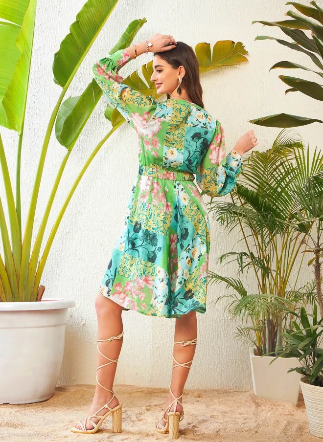 ساسافراس Green Tropical Printed Puff Sleeves Chiffon Dress for Women