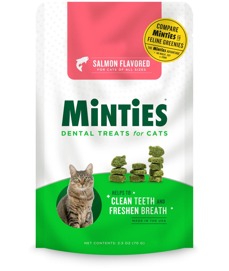 MiNTiES علاجات مينيتيز للأسنان للقطط، نكهات (دجاج/سلمون) للقطط، تنعش النفس وتتحكم في الجير، 2.5 أونصة - Image 1