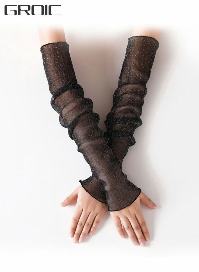 GROIC 1 Pairs Women's Long Ultra-thin Lace Gloves Sun UV Protection, Cooling Mesh Tulle Sunscreen Sleeves Fingerless Arms Gloves for Indoor Outdoor - Black 50cm  - Image 1