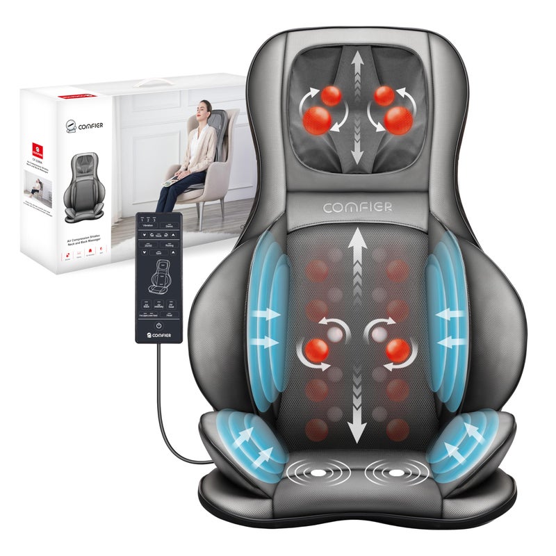 COMFIER COMFIER Massager Chair with Heat Shiatsu Neck Back Massager Portable with Compress RollingMassage Chair Pad for Full Back Neck ShouldersFull Body Pain Gray 