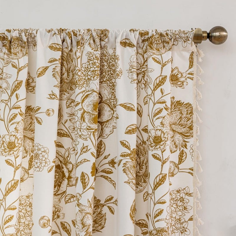 F-CHU Vintage Floral Curtains Bohemian Drapes 72 Inch Length Cotton Linen Boho Window Curtain with Tassel Rod Pocket Bedroom Macrame Drapes Flower Curtains, 2 Panel 55" W x 72" L - Image 3