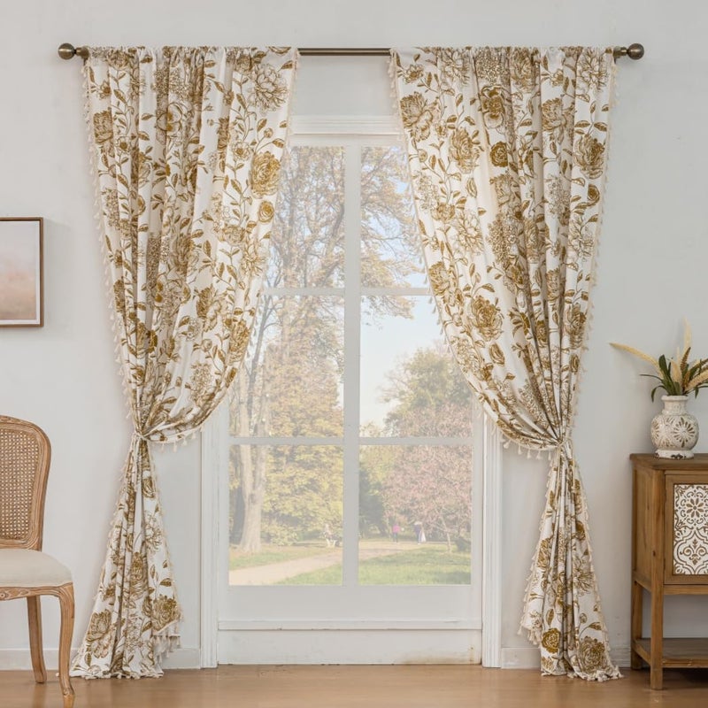 F-CHU Vintage Floral Curtains Bohemian Drapes 72 Inch Length Cotton Linen Boho Window Curtain with Tassel Rod Pocket Bedroom Macrame Drapes Flower Curtains, 2 Panel 55" W x 72" L - Image 5