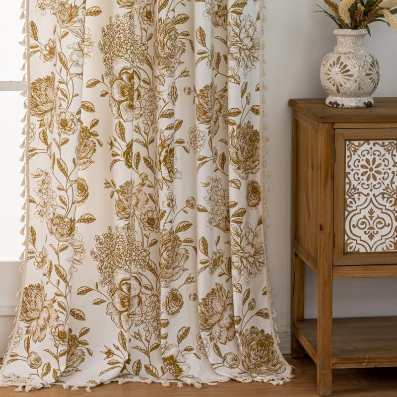 F-CHU Vintage Floral Curtains Bohemian Drapes 72 Inch Length Cotton Linen Boho Window Curtain with Tassel Rod Pocket Bedroom Macrame Drapes Flower Curtains, 2 Panel 55" W x 72" L - Image 4