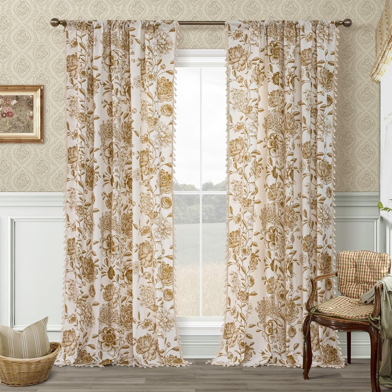 F-CHU Vintage Floral Curtains Bohemian Drapes 72 Inch Length Cotton Linen Boho Window Curtain with Tassel Rod Pocket Bedroom Macrame Drapes Flower Curtains, 2 Panel 55" W x 72" L - Image 2