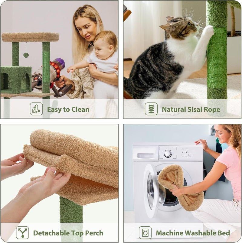 LOYAL RAIN 143 cm Tall Cat Tree for Indoor Cats, Multi-Level Cat Tower with Super Large Hammock, Sisal Covered Scratching Posts, Cozy Condo and Top Perch (Green, Large) - Image 3