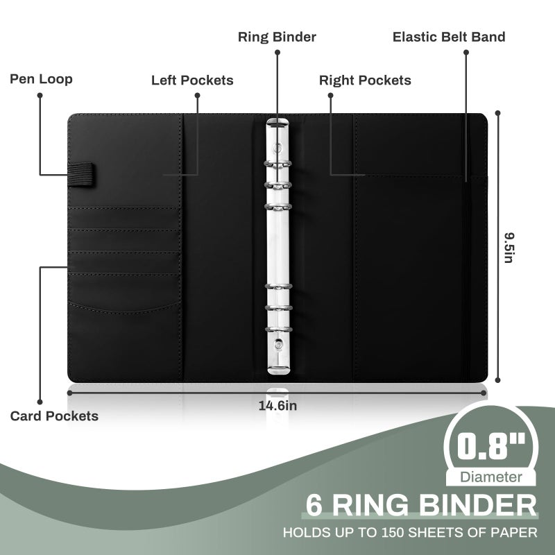 Ovesmusl Aesthetic A6 Binder 6 Ring Refillable Notebook Planner Cover Small 0.8 Inch Loose Leaf Binder for Journaling or Collections Refillable Notebook Holder with Pocket,Black - Image 3
