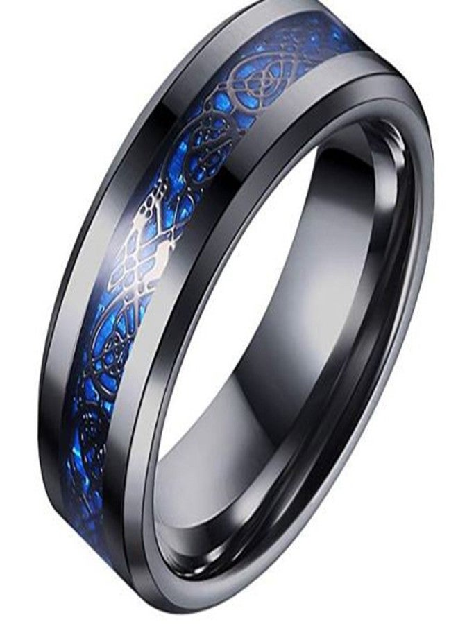Peora Black Tungsten Carbide Silvering Celtic Dragon Blue Carbon Fibre Wedding Band Ring Gift for Men & Boys - Image 1
