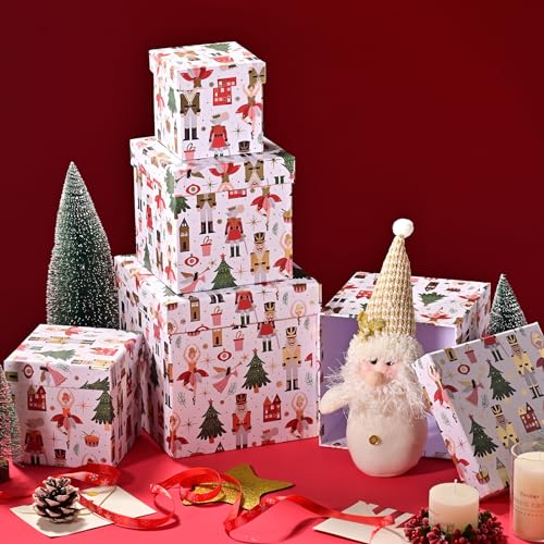 PAPER FAIR 5PCS Christmas Nesting Gift Boxes with Lid Xmas Nested Box Set 5 Sizes Square Stackable White Ballerina Nutcracker Paper Box Tower Dcor for Holiday Thanksgiving New Year Packaging - Image 5