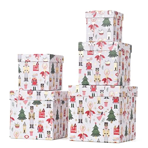 PAPER FAIR 5PCS Christmas Nesting Gift Boxes with Lid Xmas Nested Box Set 5 Sizes Square Stackable White Ballerina Nutcracker Paper Box Tower Dcor for Holiday Thanksgiving New Year Packaging - Image 2