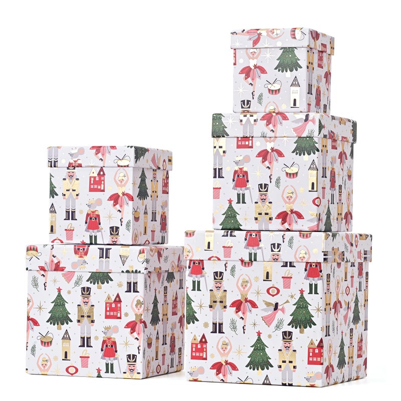 PAPER FAIR 5PCS Christmas Nesting Gift Boxes with Lid Xmas Nested Box Set 5 Sizes Square Stackable White Ballerina Nutcracker Paper Box Tower Dcor for Holiday Thanksgiving New Year Packaging - Image 3