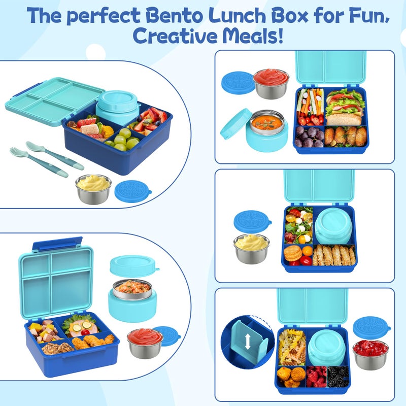Aimsnk Kids Bento Lunch Box with 8oz Soup Thermo, Kids Leakproof Lunch Food Containers with 4 Compartment,Insulated Hot Food Jar with Lunch Bag for School, Travel (Blue) - Image 3