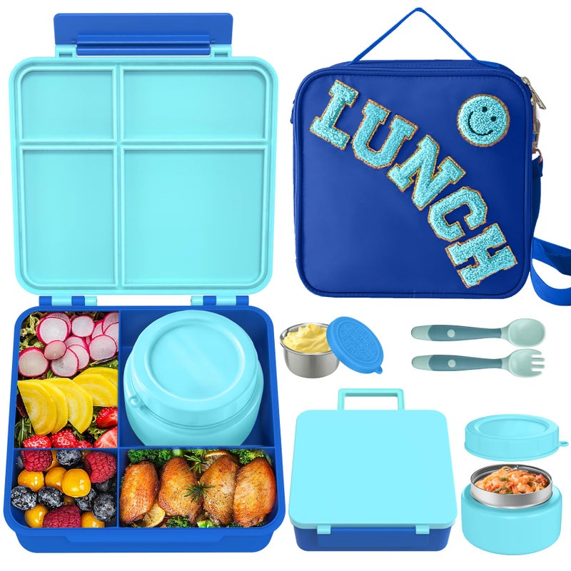 Aimsnk Kids Bento Lunch Box with 8oz Soup Thermo, Kids Leakproof Lunch Food Containers with 4 Compartment,Insulated Hot Food Jar with Lunch Bag for School, Travel (Blue) - Image 1