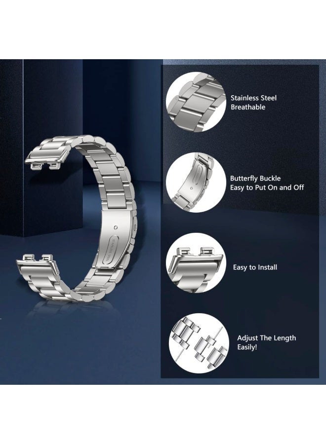 Stainless Steel Watch Strap for Huawei Band 10/Huawei Band 9/Huawei Band 8, 3 Beads Stainless Steel Adjustable Smartwatch Replacement Bracelet Wristbands for Women Men (Silver) - Image 5