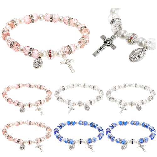 Coloch 6 Pack Womens Rosary Bead Stretch Bracelet Crystal Cross Bracelet with Crucifix and Miraculous Medal 3 Colors - Image 1
