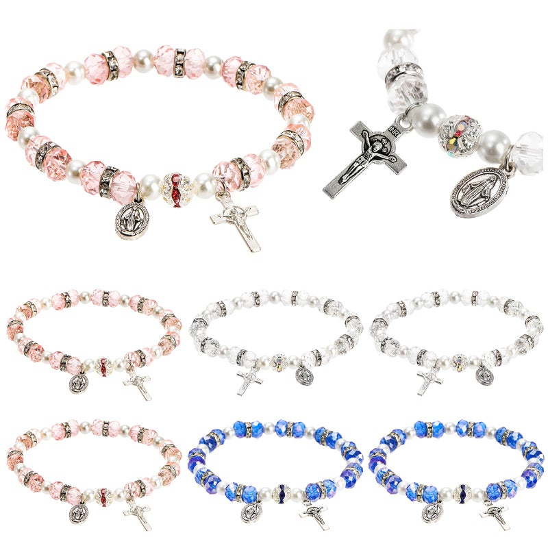 Coloch 6 Pack Womens Rosary Bead Stretch Bracelet Crystal Cross Bracelet with Crucifix and Miraculous Medal 3 Colors - Image 2