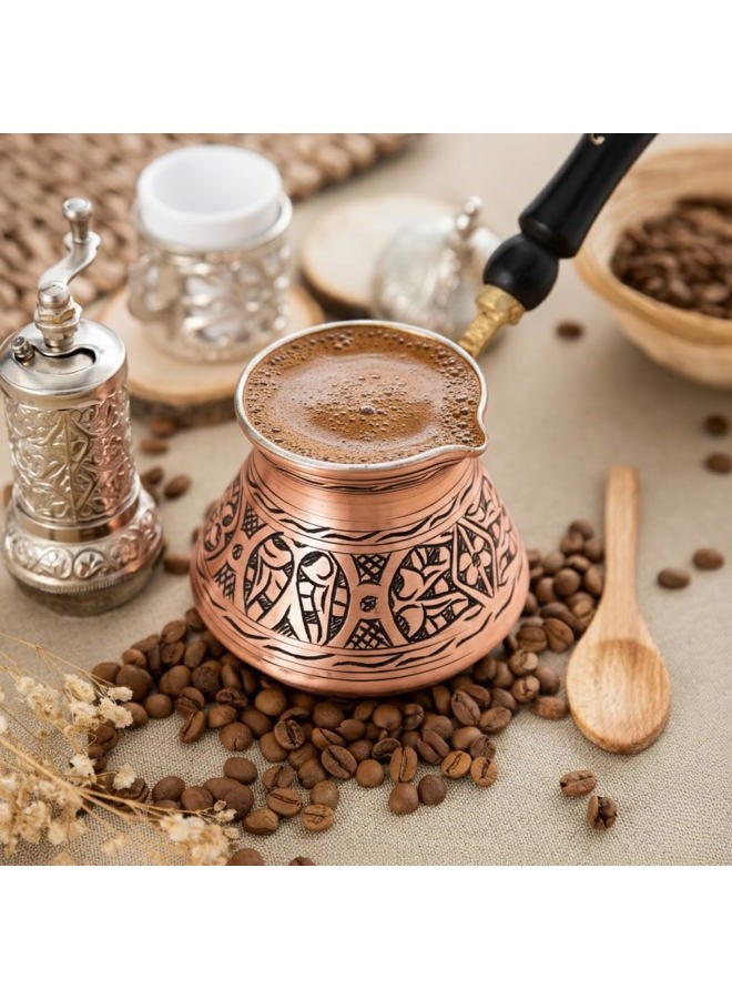 Erbulus 12 Oz Copper Turkish Greek Arabic Coffee Pot with Fortune App and Wooden Handle (4 cups), Cezve Turkish Coffee Pot, Ibrik, Briki Greek Coffee Pot, Hammered Turkish Coffee Maker - Image 4