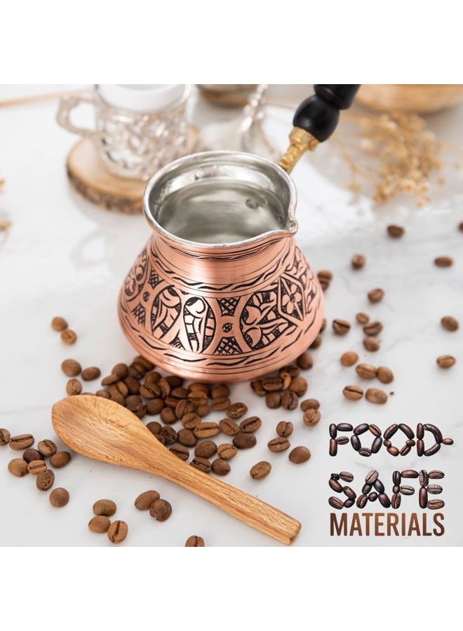 Erbulus 12 Oz Copper Turkish Greek Arabic Coffee Pot with Fortune App and Wooden Handle (4 cups), Cezve Turkish Coffee Pot, Ibrik, Briki Greek Coffee Pot, Hammered Turkish Coffee Maker - Image 3