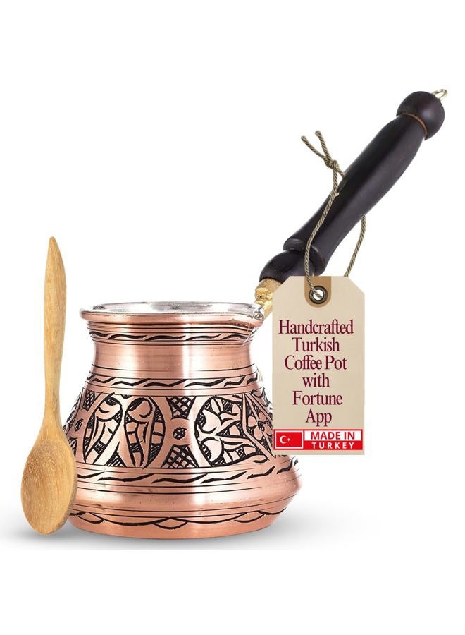 Erbulus 12 Oz Copper Turkish Greek Arabic Coffee Pot with Fortune App and Wooden Handle (4 cups), Cezve Turkish Coffee Pot, Ibrik, Briki Greek Coffee Pot, Hammered Turkish Coffee Maker - Image 1