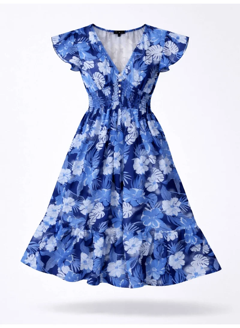 Victor And Jane  Blue Floral V-Neck Dress with Flutter Sleeves for Women | Best Price UAE