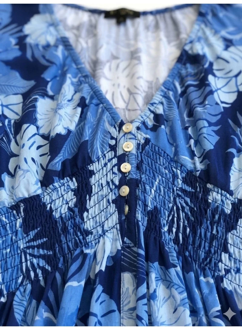 Victor And Jane  Blue Floral V-Neck Dress with Flutter Sleeves for Women | Best Price UAE