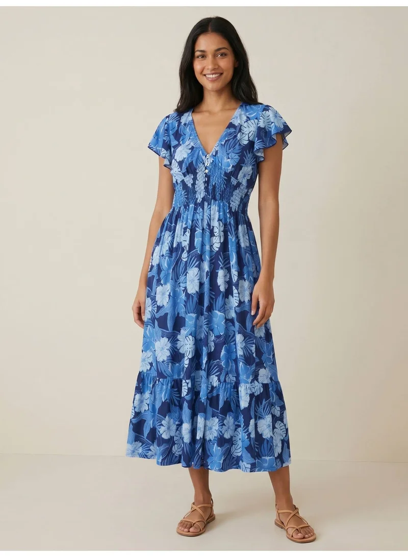 فكتور اند جين Blue Floral V-Neck Dress with Flutter Sleeves
