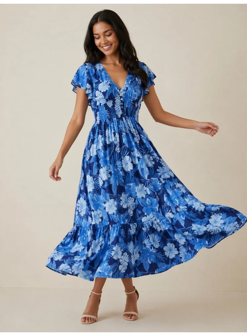 فكتور اند جين Blue Floral V-Neck Dress with Flutter Sleeves